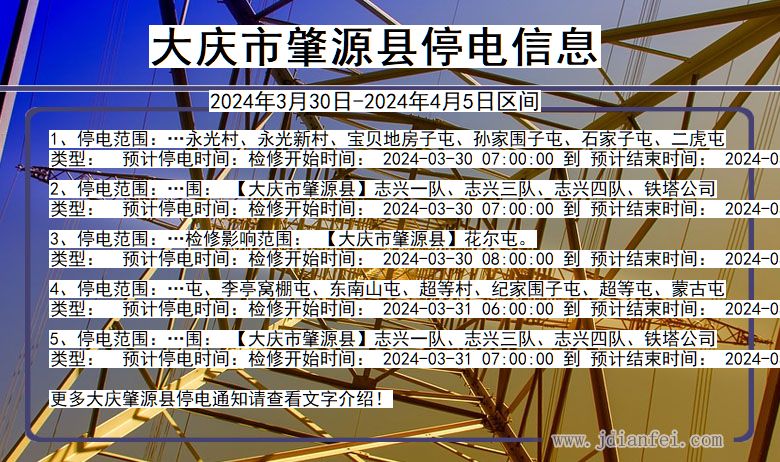 黑龙江省大庆肇源停电通知