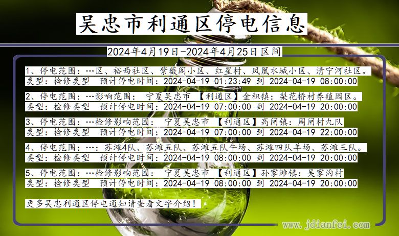 宁夏回族自治区吴忠利通停电通知