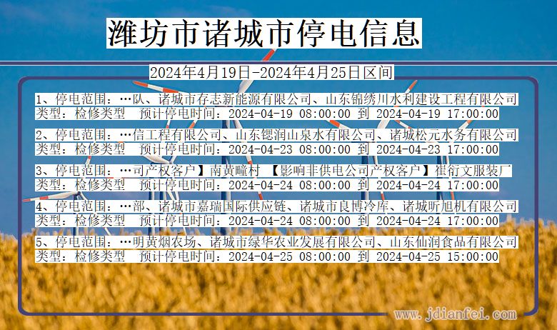 山东省潍坊诸城停电通知