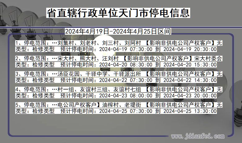 湖北省省直辖行政单位天门停电通知