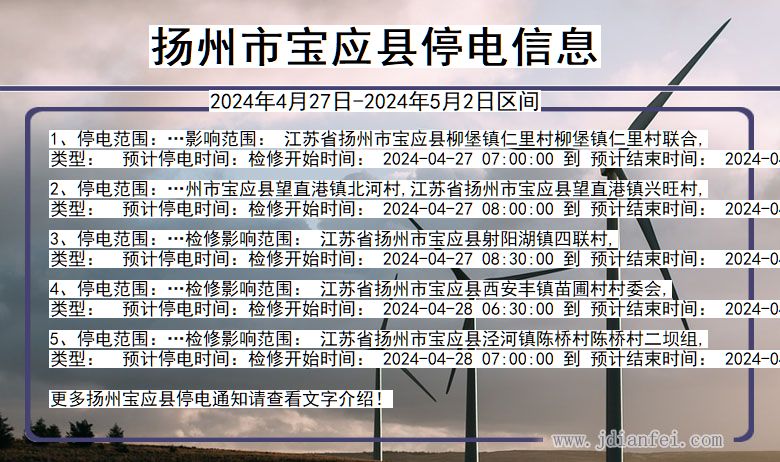 江苏省扬州宝应停电通知