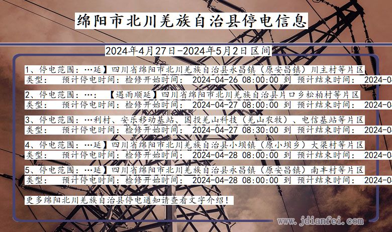 四川省绵阳北川羌族自治停电通知