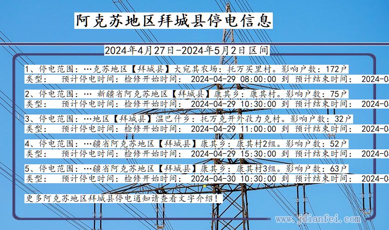 新疆维吾尔自治区阿克苏地区拜城停电通知