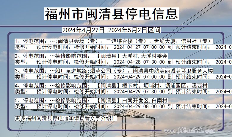 福建省福州闽清停电通知