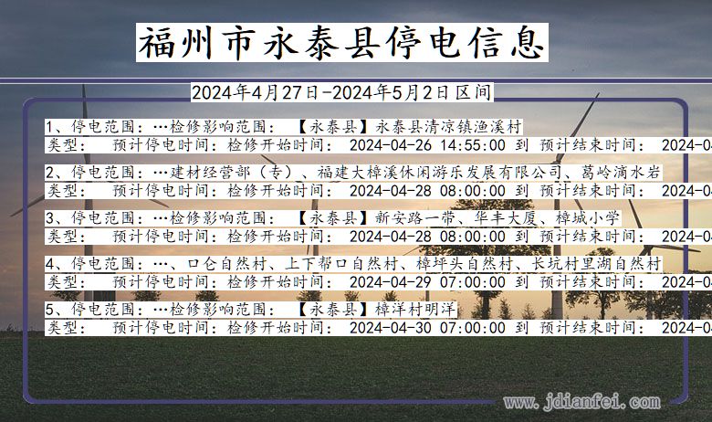 福建省福州永泰停电通知