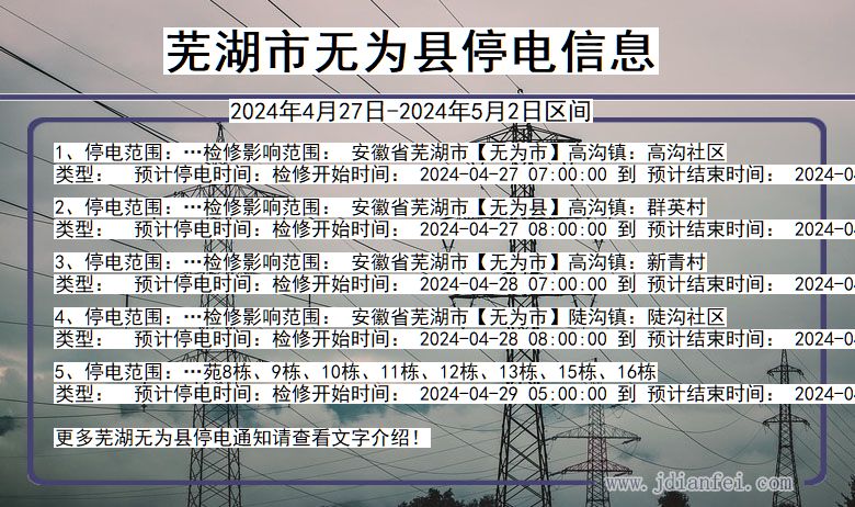 安徽省芜湖无为停电通知