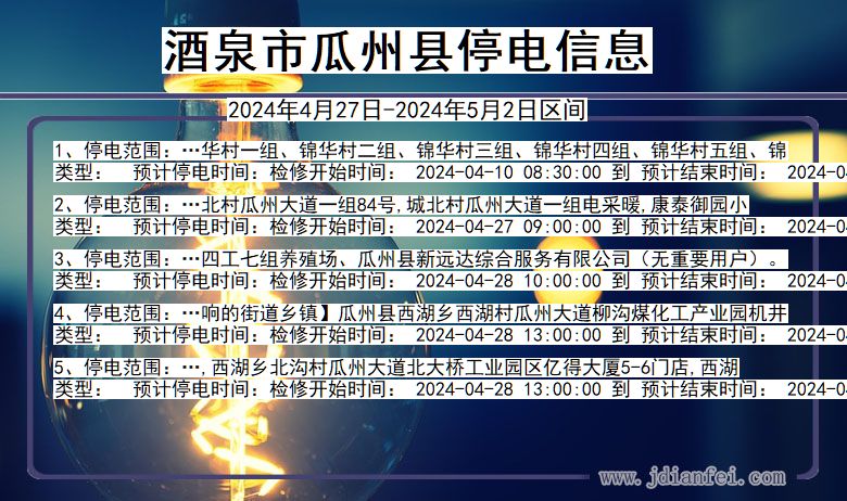 甘肃省酒泉瓜州停电通知