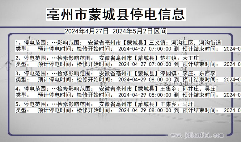 安徽省亳州蒙城停电通知