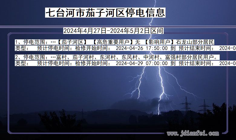 黑龙江省七台河茄子河停电通知