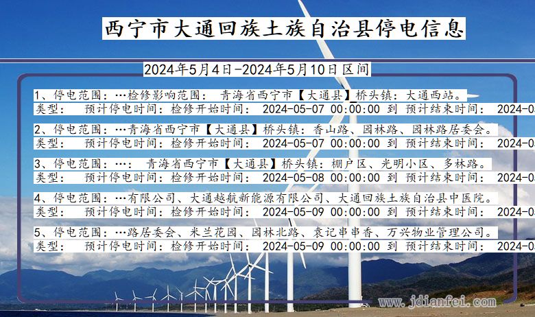 青海省西宁大通回族土族自治停电通知