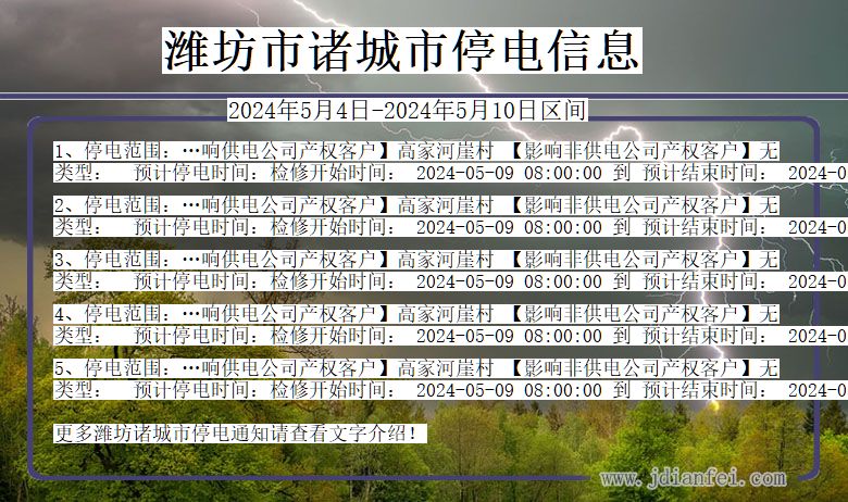 山东省潍坊诸城停电通知