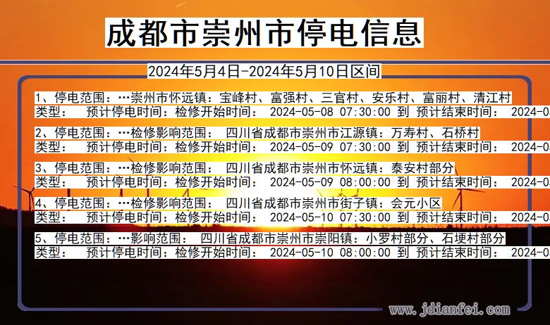 成都崇州停电通知 四川省成都崇州停电通知
