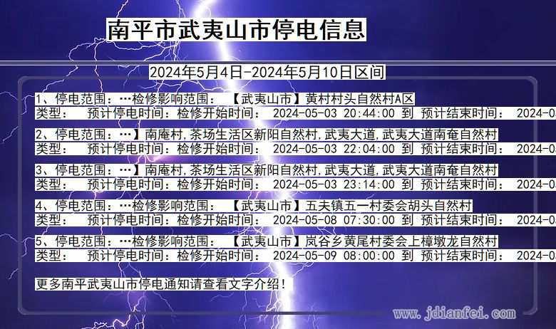 福建省南平武夷山停电通知