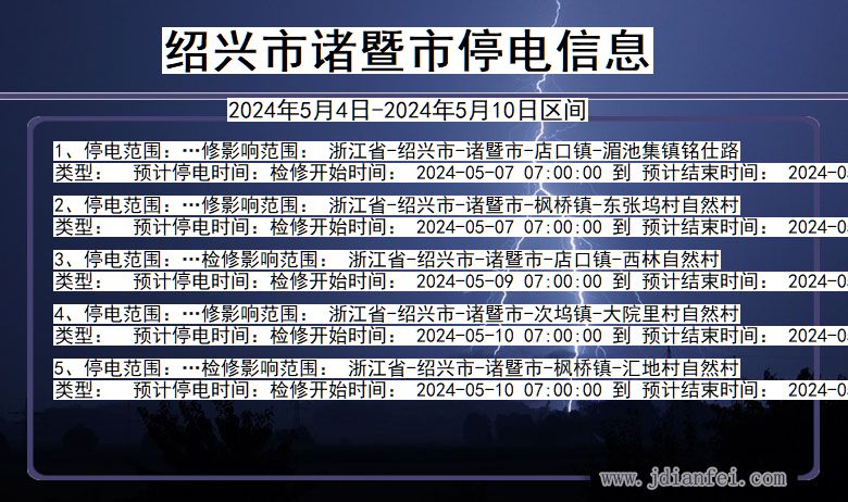 浙江省绍兴诸暨停电通知