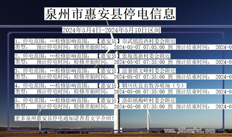 福建省泉州惠安停电通知