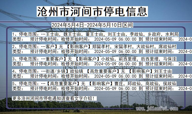 河北省沧州河间停电通知