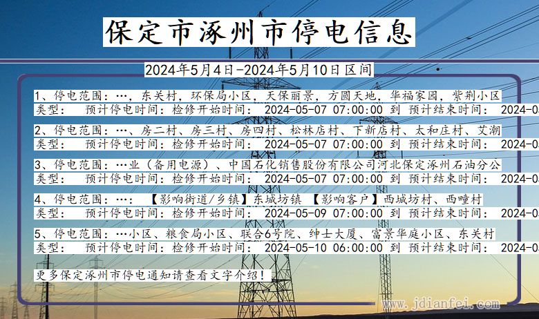 河北省保定涿州停电通知