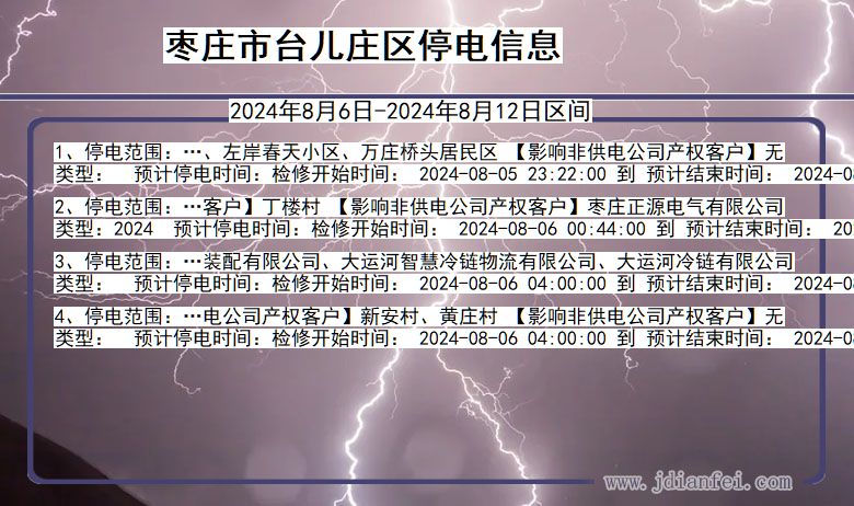 山东省枣庄台儿庄停电通知