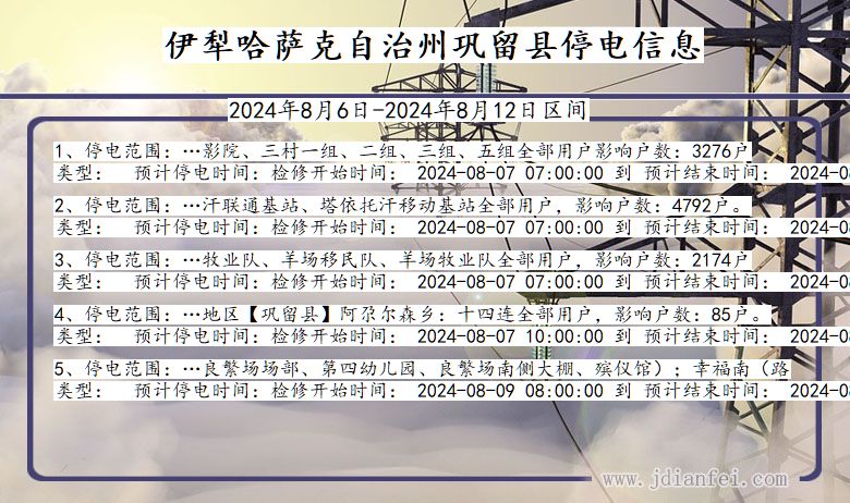 新疆维吾尔自治区伊犁哈萨克自治州巩留停电通知