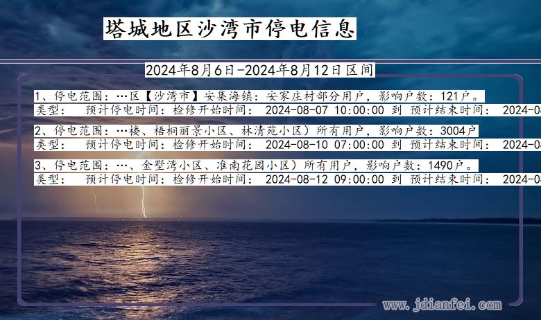 新疆维吾尔自治区塔城地区沙湾停电通知