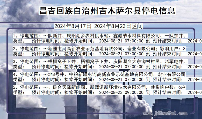 昌吉回族自治州吉木萨尔停电通知 新疆维吾尔自治区昌吉回族自治州吉木萨尔停电通知