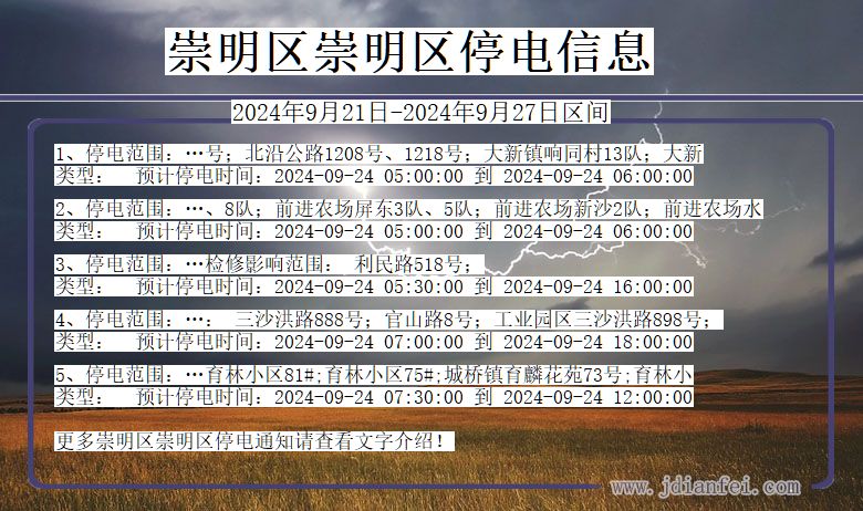 上海市崇明区崇明停电通知