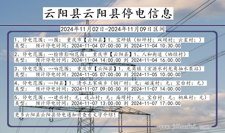 重庆市云阳县云阳停电通知