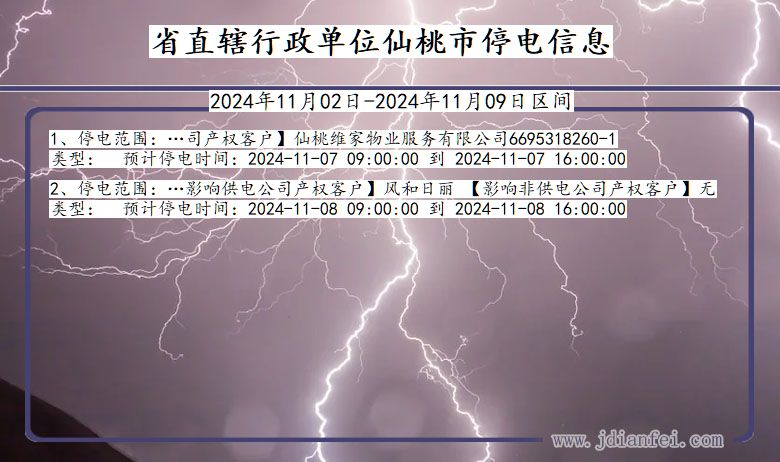 湖北省省直辖行政单位仙桃停电通知