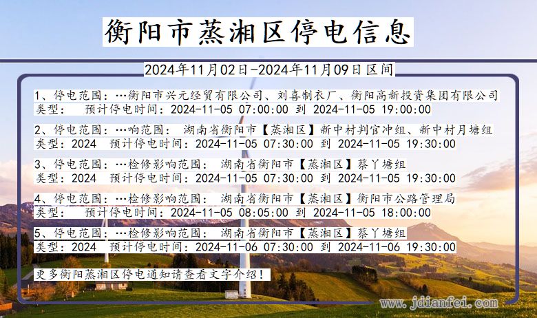 湖南省衡阳蒸湘停电通知
