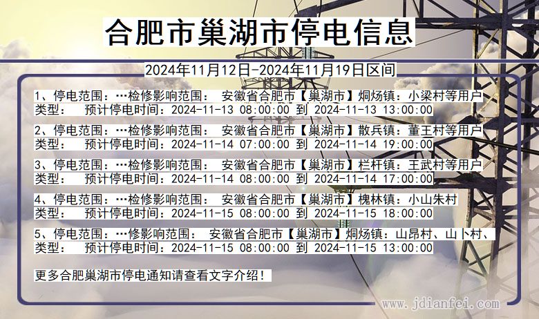 合肥巢湖停电通知 安徽省合肥巢湖停电通知