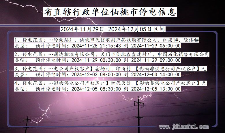 湖北省省直辖行政单位仙桃停电通知