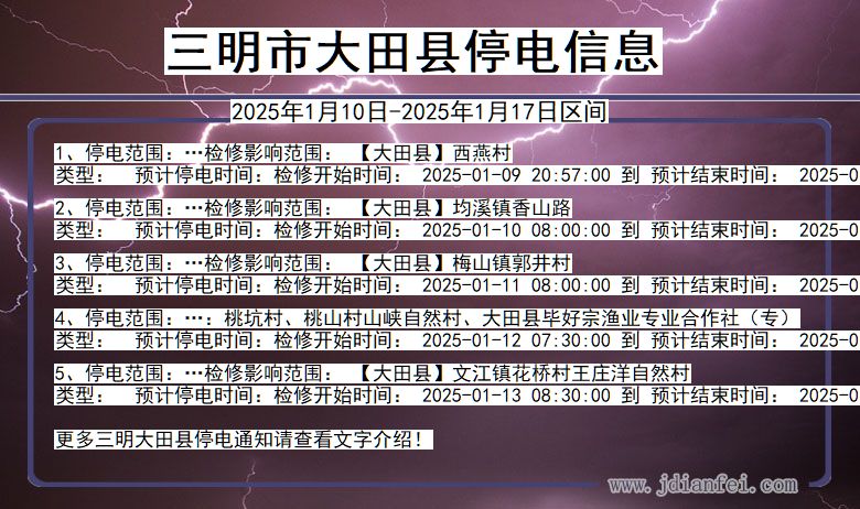 三明大田停电通知 福建省三明大田停电通知