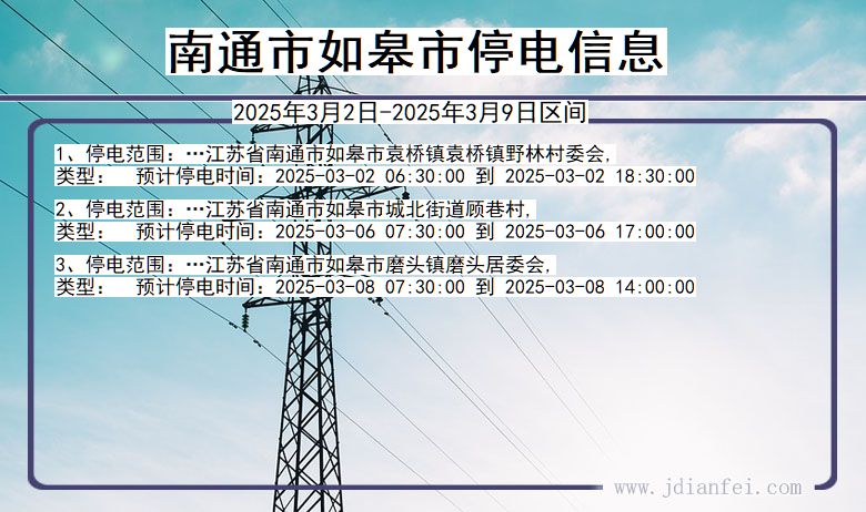 江苏省南通如皋停电通知