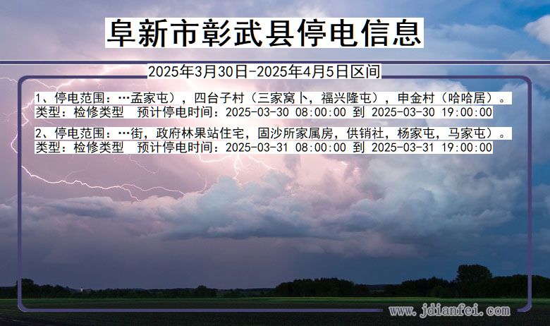 辽宁省阜新彰武停电通知