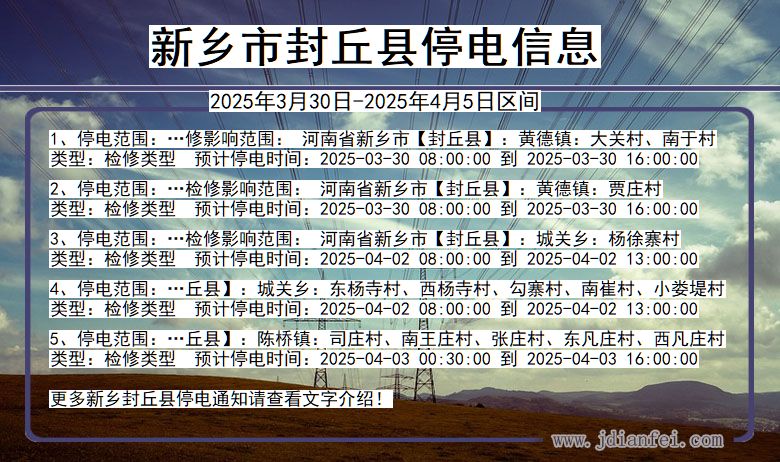 河南省新乡封丘停电通知