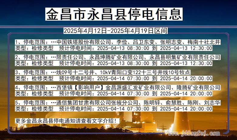 金昌永昌停电通知 甘肃省金昌永昌停电通知