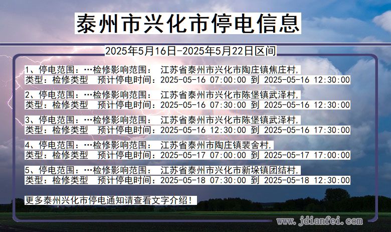 江苏省泰州兴化停电通知