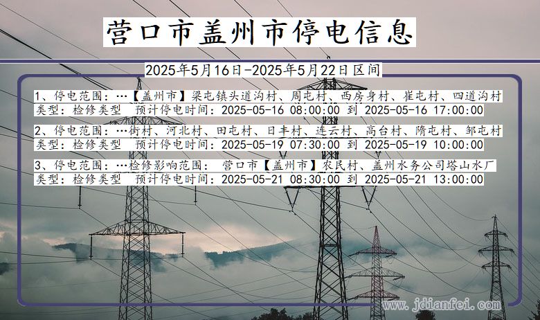 辽宁省营口盖州停电通知