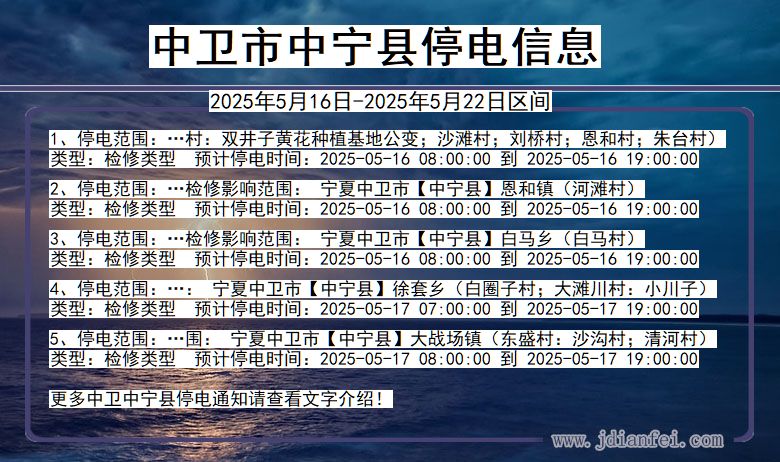 宁夏回族自治区中卫中宁停电通知