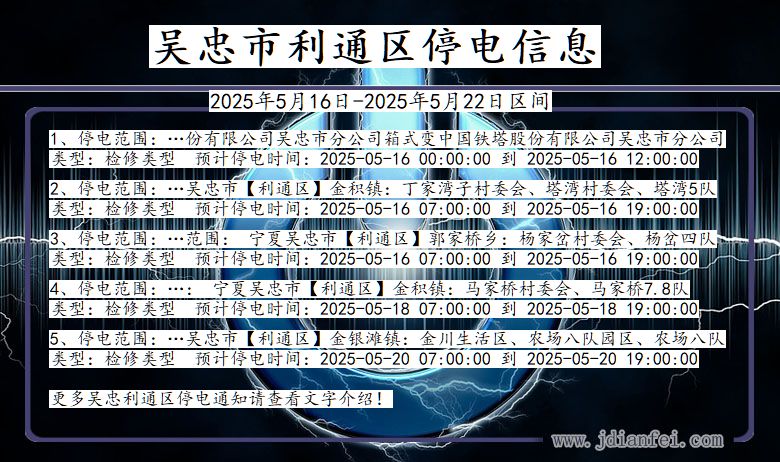 宁夏回族自治区吴忠利通停电通知