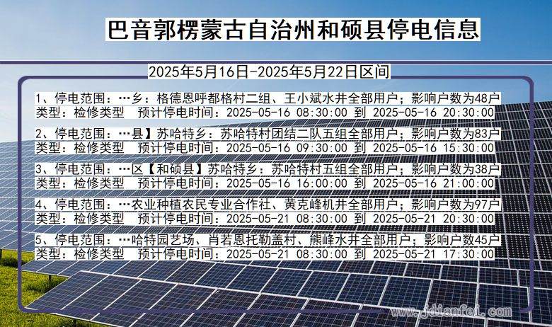 新疆维吾尔自治区巴音郭楞蒙古自治州和硕停电通知