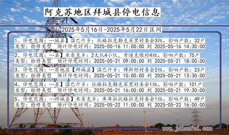 新疆维吾尔自治区阿克苏地区拜城停电通知