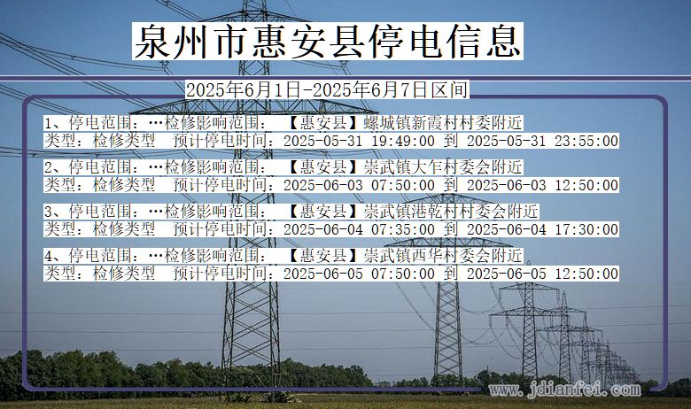 福建省泉州惠安停电通知