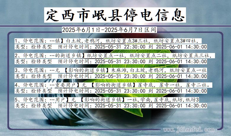 甘肃省定西岷县停电通知