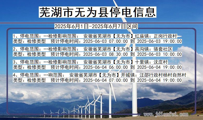 安徽省芜湖无为停电通知