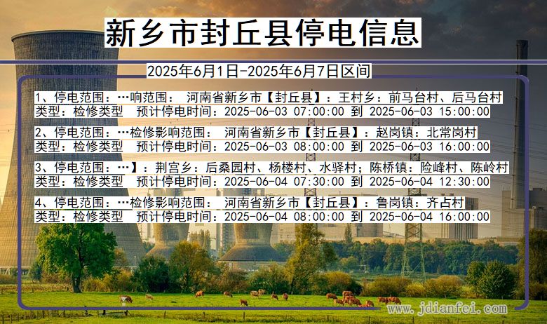 河南省新乡封丘停电通知