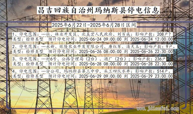 新疆维吾尔自治区昌吉回族自治州玛纳斯停电通知