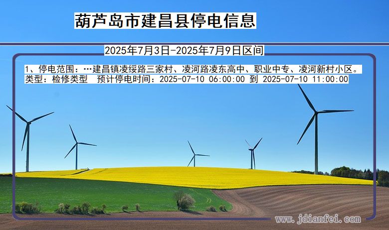 辽宁省葫芦岛建昌停电通知