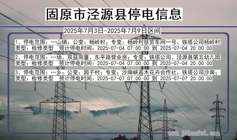 宁夏回族自治区固原泾源停电通知