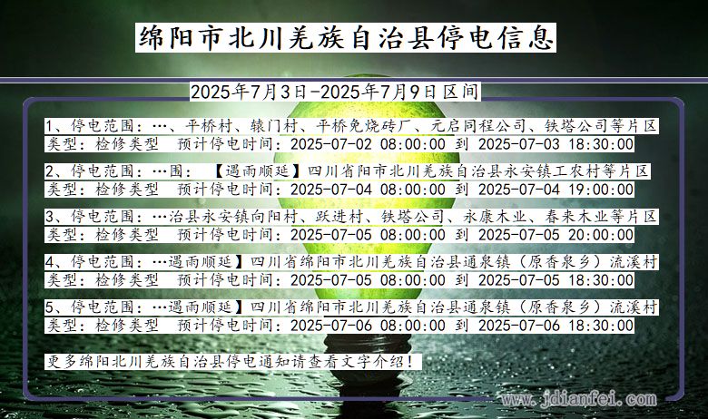 四川省绵阳北川羌族自治停电通知